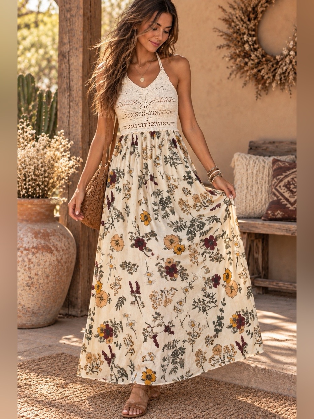Maurices XL Floral Crochet Halter Maxi Dress Boho Botanical Smocked